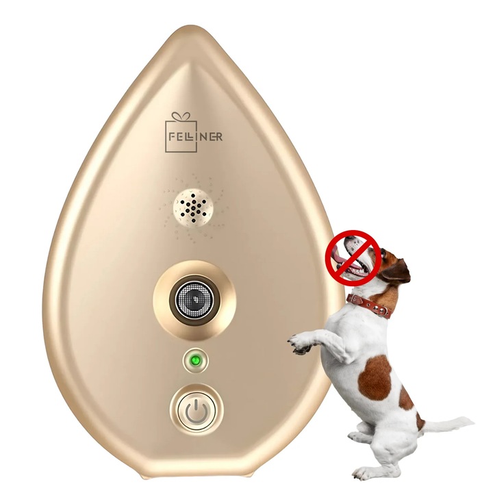Dispozitiv anti-latrat pentru caini, Felliner, cu ultrasunete, raza 15m, 3 nivele de sensibilitate, rezistent la apa si praf, montare usoara, potrivit pentru toate taliile, interior/exterior, auriu