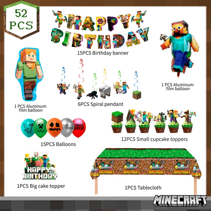 38 бр. Комплект аксесоари за парти Minecraft, InBoxxarty, Minecraft - Декорации за парти Декорации за торта, Покривка за маса, Балон, Банер и др., Многоцветен