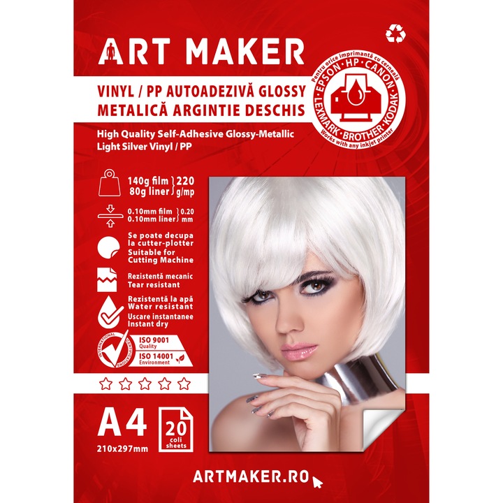 Hârtie foto glossy A4 Art Maker, argintie deschisă, 20 coli, 220g/m²