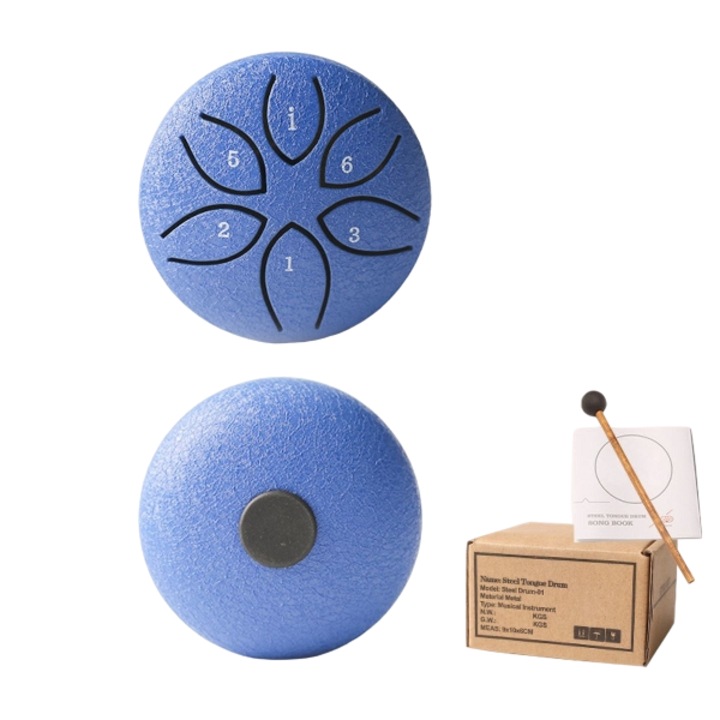 Барабан, Стоманен, музикален инструмент, за възрастни и деца, медитация, йога, подарък за рожден ден, водоустойчив, 6 ноти, син, 3 инча