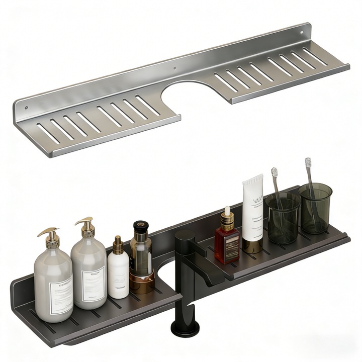 Raft baie multifunctional Omelivon, reglabil in inaltime, cu oglinda, montaj pe perete fara gaurire, gri, 60x12x5 cm