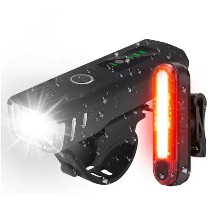 Set de lumini pentru bicicleta, trotineta, AjieQaQ, faruri LED fata, cu senzor de lumina, 4 moduri de iluminare, incarcare USB, vizibilitate pe timp de noapte si zi, instalare rapida si usoara, negru