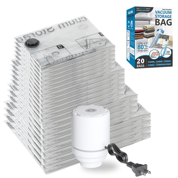 Set 20 saci vidat haine cu pompa Wacorresi, Reutilizabili, depozitare convenabila si economie de spatiu, 4 cantitati si dimensiuni sunt de 4 tipuri: 4*XL (70x100cm), 4*L (60x80cm), 6*M (50x70cm), 6*S (40x60cm), transparent