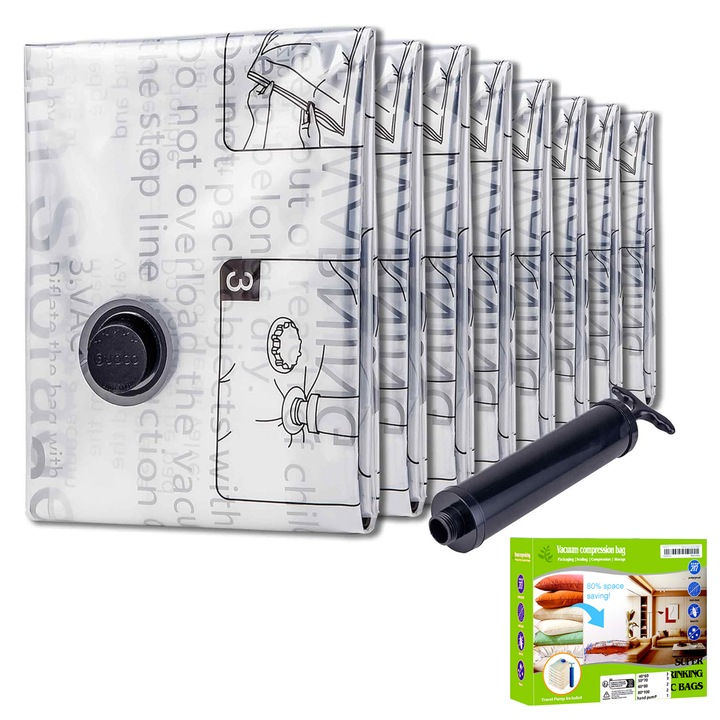 Комплект от 8 вакуумни торби за дрехи с помпа, Wacorresi, За многократна употреба, удобно съхранение и пестене на място, Размери: 70x100 см, Прозрачен