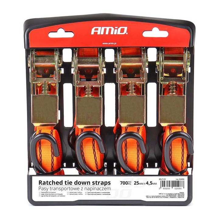 Set curele de transport cu carlig si sistem de tensionare, AMIO, 25mm, 4,5m, 4 bucati