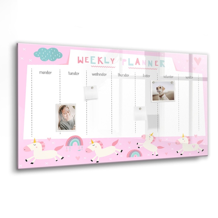 Mágneses tábla, Coloray, Heti tervező gyerekeknek, Rózsaszín, 120x60 cm, Fekete marker, 00088382