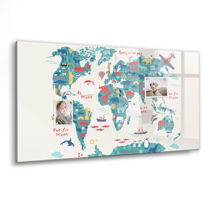 Mágneses tábla, Coloray, Képes világtérkép, Többszínű, 120x60 cm, Fekete marker, 00088335