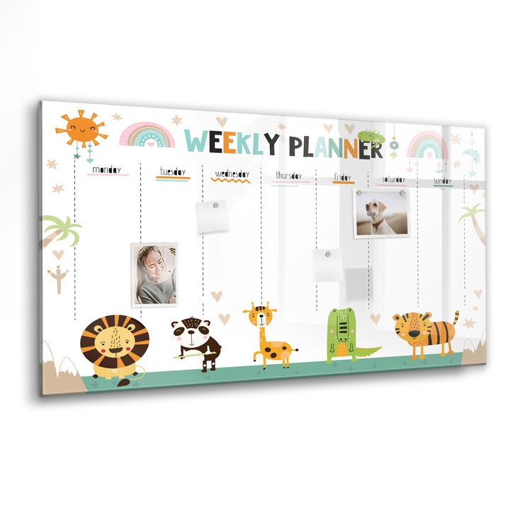 Mágneses tábla, Coloray, Heti tervező állatok, Többszínű, 120x60 cm, Fekete marker, 00088383