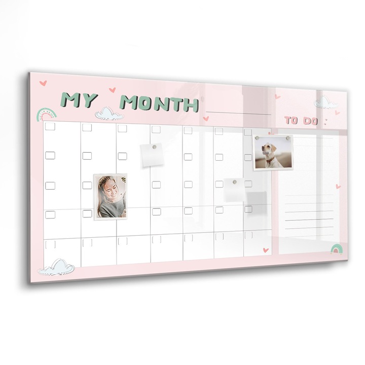 Mágneses tábla, Coloray, Havi tervező gyerekeknek, Rózsaszín, 120x60 cm, Fekete marker, 00088358