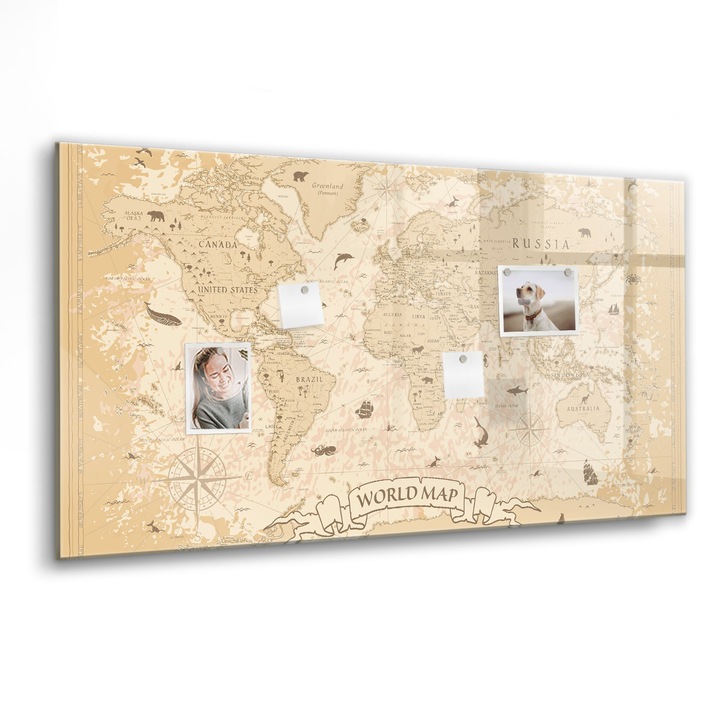 Mágneses tábla, Coloray, Vintage világtérkép, Barna, 120x60 cm, Fekete marker, 00088503