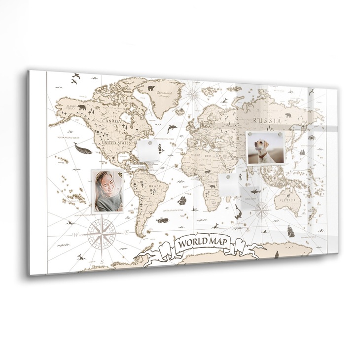 Mágneses tábla, Coloray, Vintage világtérkép, Fehér, 120x60 cm, Fekete marker, 00088504