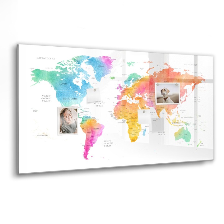 Mágneses tábla, Coloray, Akvarell világtérkép, Többszínű, 120x60 cm, Fekete marker, 00088594