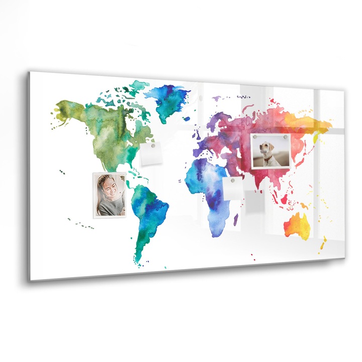Mágneses tábla, Coloray, Akvarell világtérkép, Többszínű, 120x60 cm, Fekete marker, 00088623