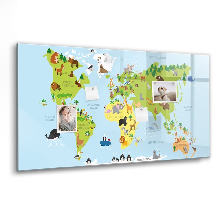 Mágneses tábla, Coloray, Világtérkép állatokkal, Többszínű, 120x60 cm, Fekete marker, 00007751