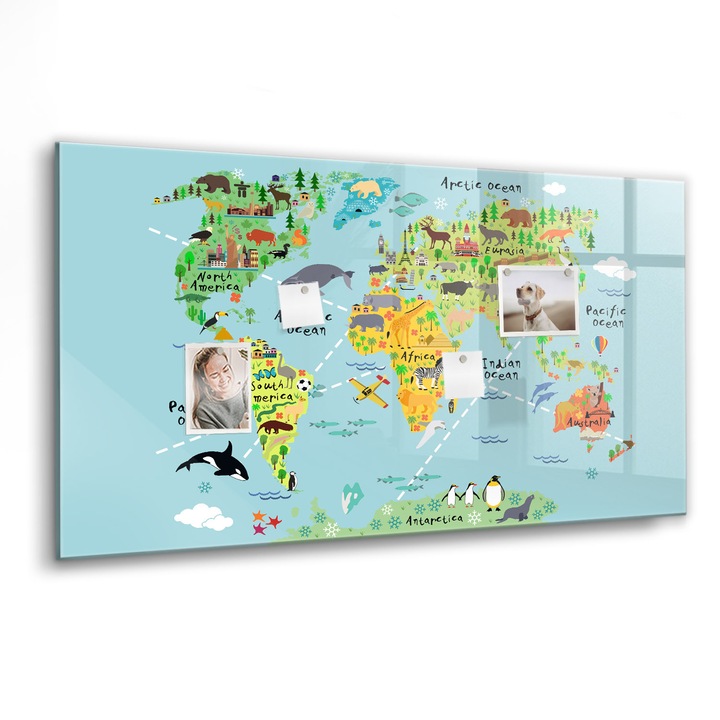 Mágneses tábla, Coloray, Világtérkép állatokkal, Többszínű, 120x60 cm, Fekete marker, 00088784