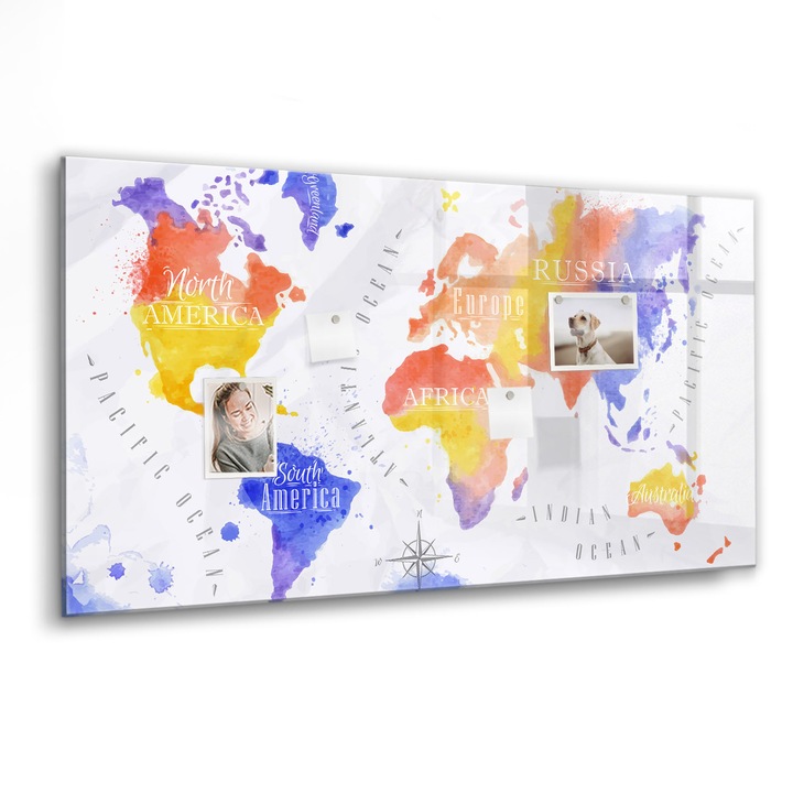 Mágneses tábla, Coloray, Akvarell világtérkép, Többszínű, 120x60 cm, Fekete marker, 00088238