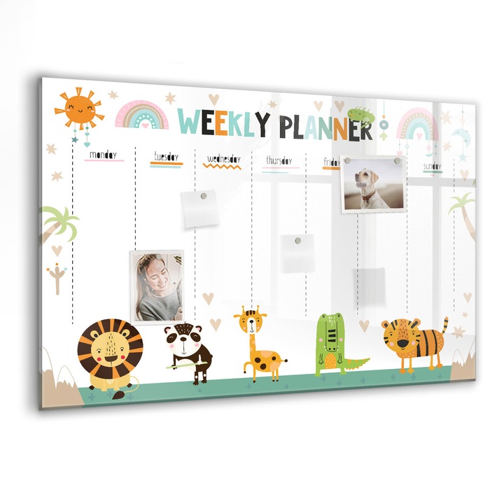 Mágneses tábla, Coloray, Heti tervező állatok, Többszínű, 90x60 cm, Fekete markers, 00088383