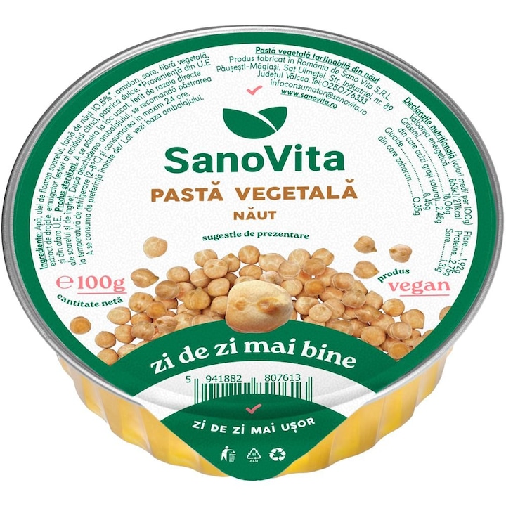 Set 3 x Pasta Vegetala din Naut, Sanovita, 100 g