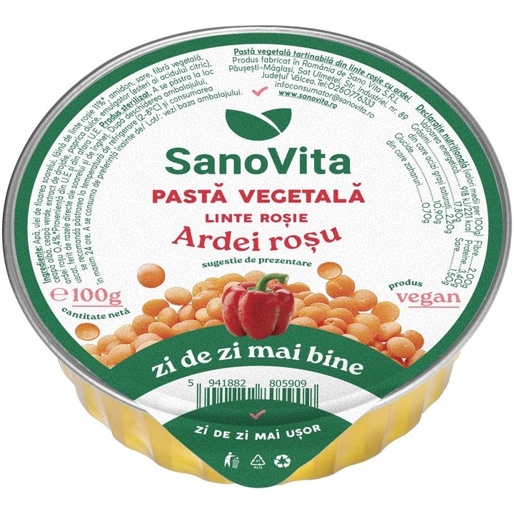 Set 3 x Pasta Vegetala din Linte Rosie cu Ardei si Ceapa, Sanovita, 100 g