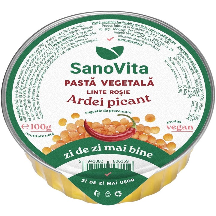 Set 3 x Pasta Vegetala din Linte Rosie cu Ardei Picant, Sanovita, 100 g