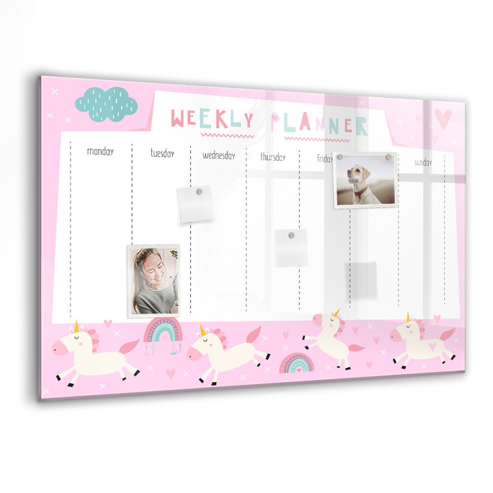 Mágneses tábla, Coloray, Heti tervező gyerekeknek, Rózsaszín, 90x60 cm, Fekete markers, 00088382