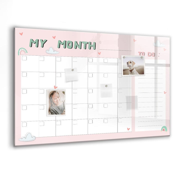 Mágneses tábla, Coloray, Havi tervező gyerekeknek, Rózsaszín, 90x60 cm, Fekete markers, 00088358