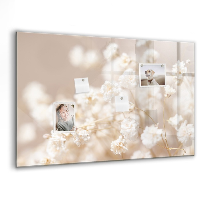 Mágneses tábla, Coloray, Kis fehér virágok, Fehér, 90x60 cm, Fekete markers, 00088544