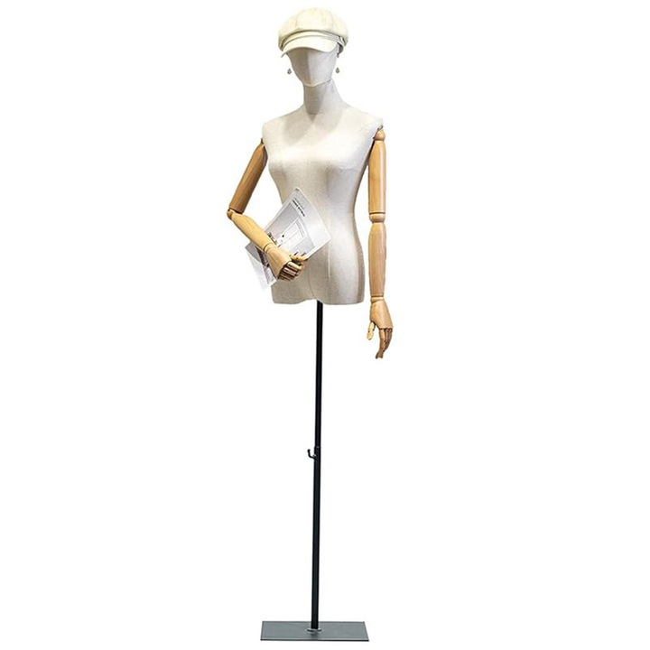 Manechin de cusut feminin, trunchi de manechin cu brate din lemn si cap detasabil, suport de afisare pentru manechin de imbracaminte, inaltime reglabila 140-190 cm