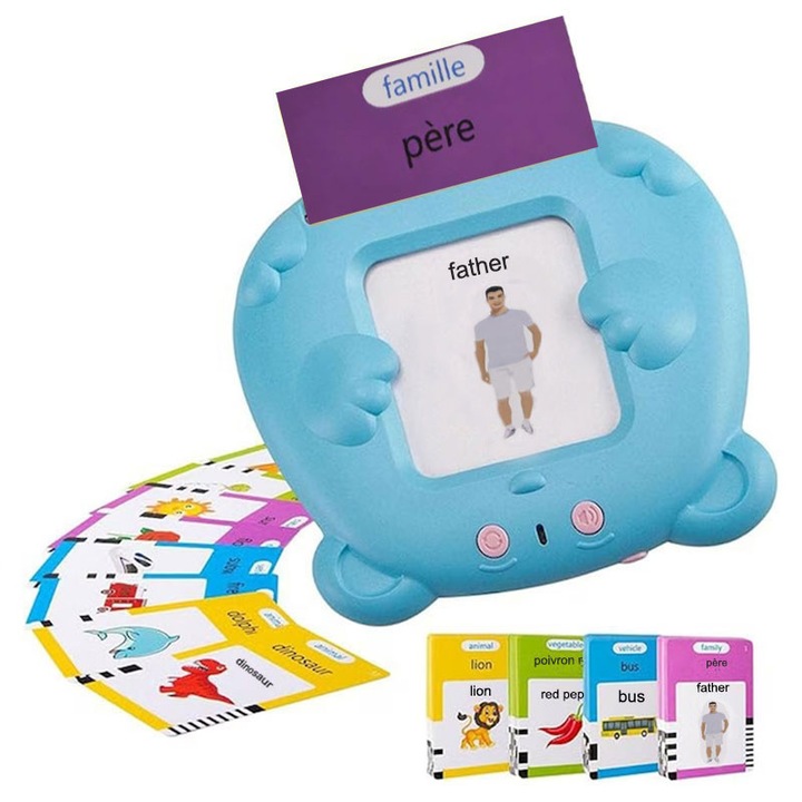 Jucarie educativa Montessori pentru copii, JESWO®, Cititor de carduri franceza si engleza cu cititor de carduri flash, 510 de cuvinte 255 carduri, USB, Albastru