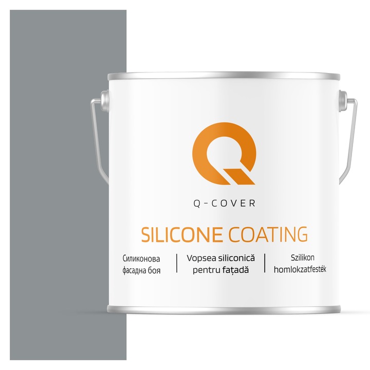 Vopsea siliconica pentru fatada, Q-Cover, Gri 7045, Mat, Pe baza de apa, Fara substante toxice, Rezistenta raze ultraviolete, Uscare rapida, Protectie impotriva coroziunii biologice, 5L