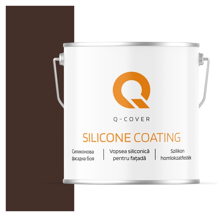 Vopsea siliconica pentru fatada, Q-Cover, Maro ciocolatiu 8017, Mat, Pe baza de apa, Fara substante toxice, Rezistenta raze ultraviolete, Uscare rapida, Protectie impotriva coroziunii biologice, 5L