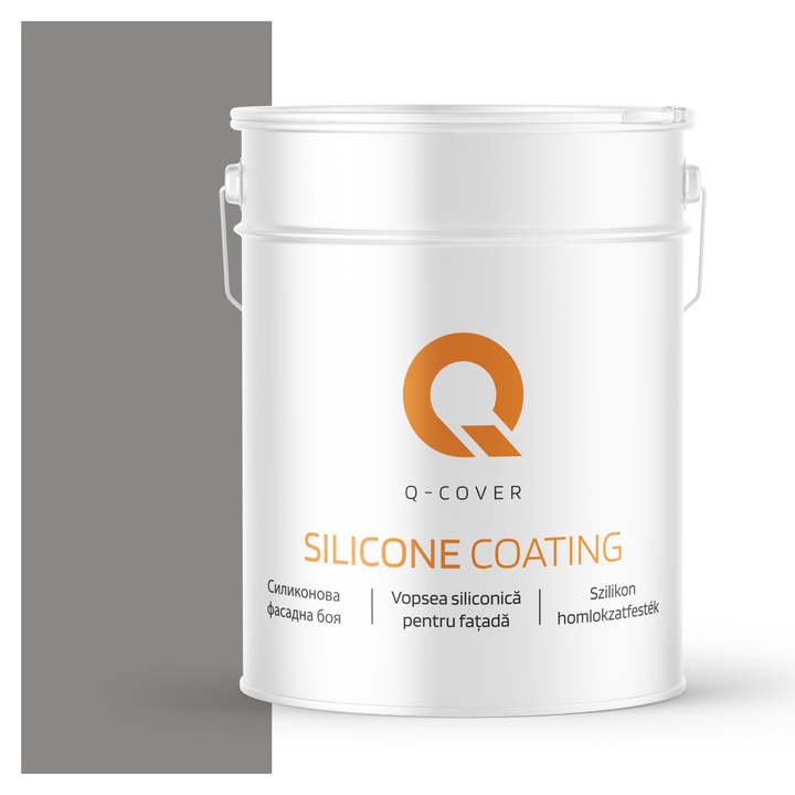 Vopsea siliconica pentru fatada, Q-Cover, Gri otel F265, Mat, Pe baza de apa, Fara substante toxice, Rezistenta raze ultraviolete, Uscare rapida, Protectie impotriva coroziunii biologice, 10L