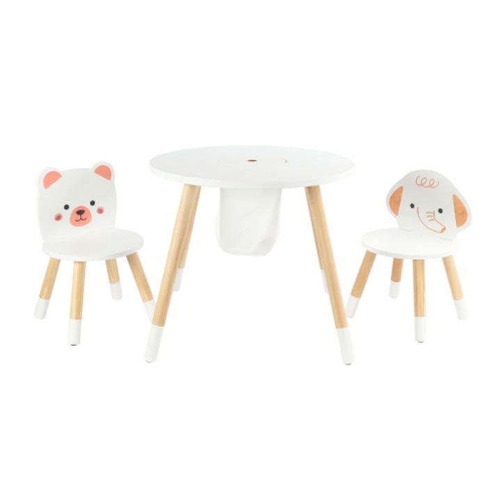 Masa pentru copii Sonne Woody GYT25584 cu 2 scaune, set din lemn, alb