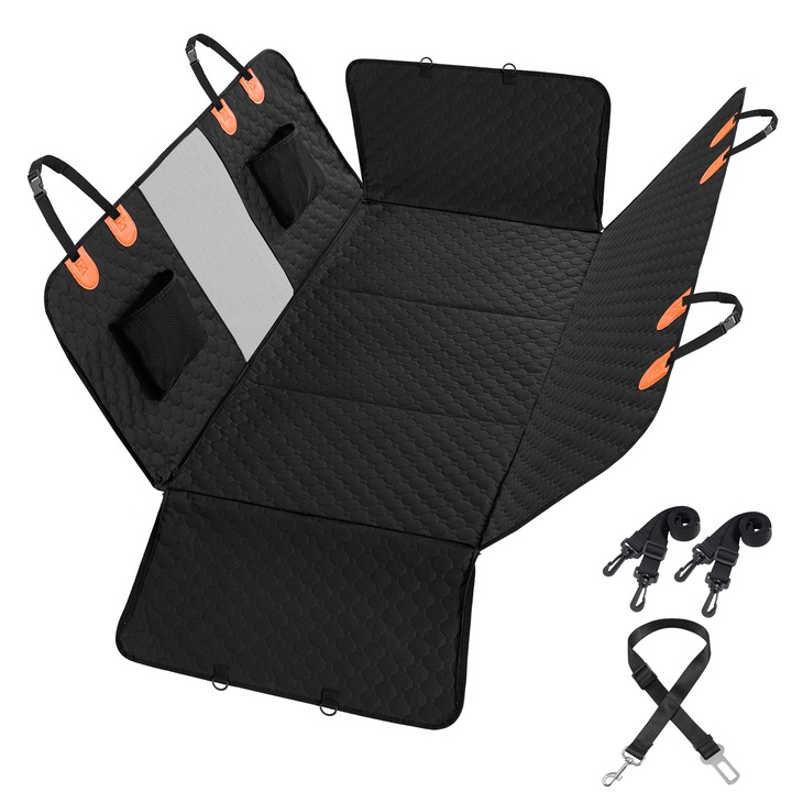 Husa auto pentru caini Auratech, neagra, 133x160 cm, poliester impermeabil, cu fund intarit si fereastra mesh