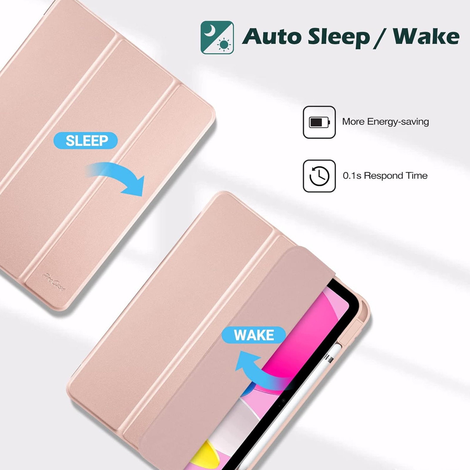 Husa pentru Apple iPad 10 GEN 10.9 2022 AYSTOAYS®, cu suport pentru stilou, Tip Flip Cover, Unghiuri Ajustabile, Functie Auto Sleep/Wake &Touch ID, Subtire si Usoara, Roz