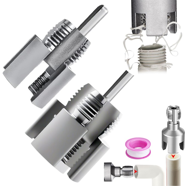 Integrata pentru filetare interna si externa, taietor de tevi cu dubla functie compatibil cu filetele 1/2'', 3/4'', potrivit pentru foraje electrice si kituri de filetat PVC si plastic