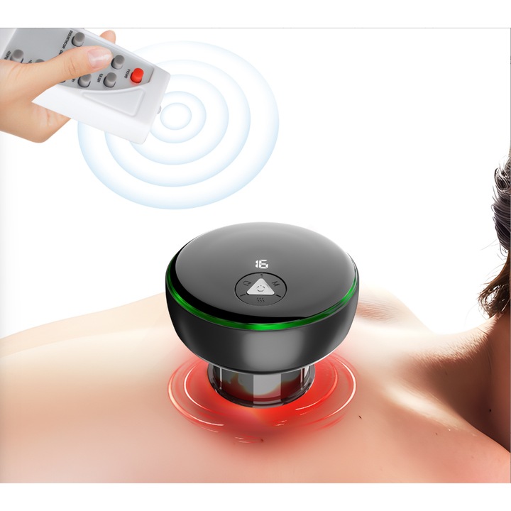 Масажор с вендуза, дистанционно управление, 16 нива на нагряване и налягане, BIGLISTENING, отпуска мускулите, подобрява кръвообращението, антицелулитен ефект, терапия с червена светлина, LCD екран, батерия 2000 mAh, презареждаем, черен