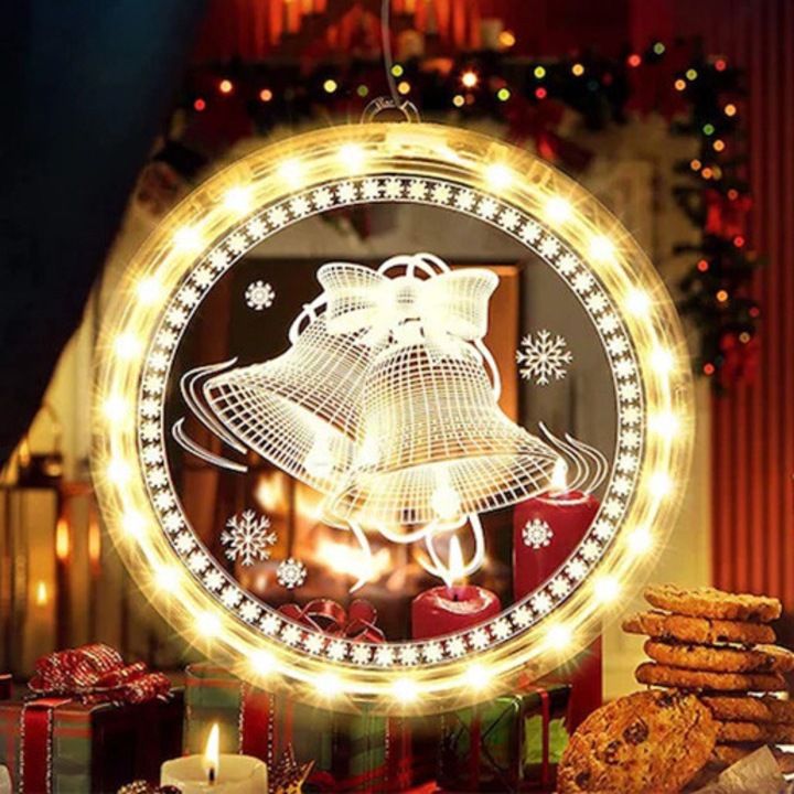 Lampa decorativa de fereastra Craciun 3D, Christmas Lumini LED Acrilice 3D, stil clopot, Cu carlig, functioneaza cu baterii, 22x22 cm