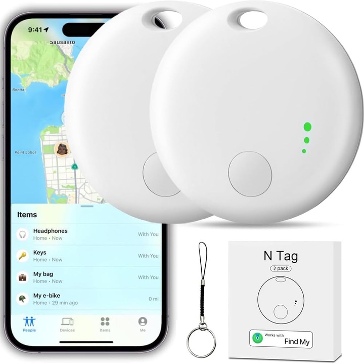 Dispozitiv Anti-Pierdere, Localizare GPS Tracker, Acoperire Globala, Bluetooth, Compatibil iPhone, Aplicatie FindMy, pentru Copii, Batrani, Animale de Companie, Chei, Bagaje, Alb