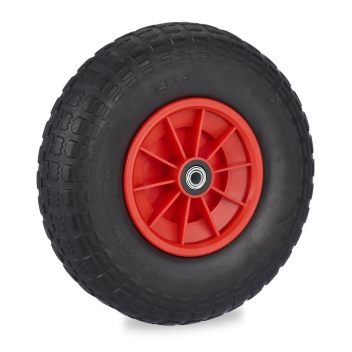 Roata de roaba Relaxdays 4.00-6, cauciuc solid, rezistenta la perforare, rosie/neagra