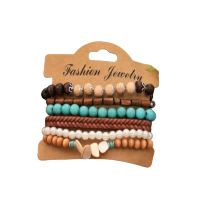 Set 5 bratari boho din lemn de cocos si scoici - Aroma vacantei tropicale, perfecte pentru plaja si festivaluri