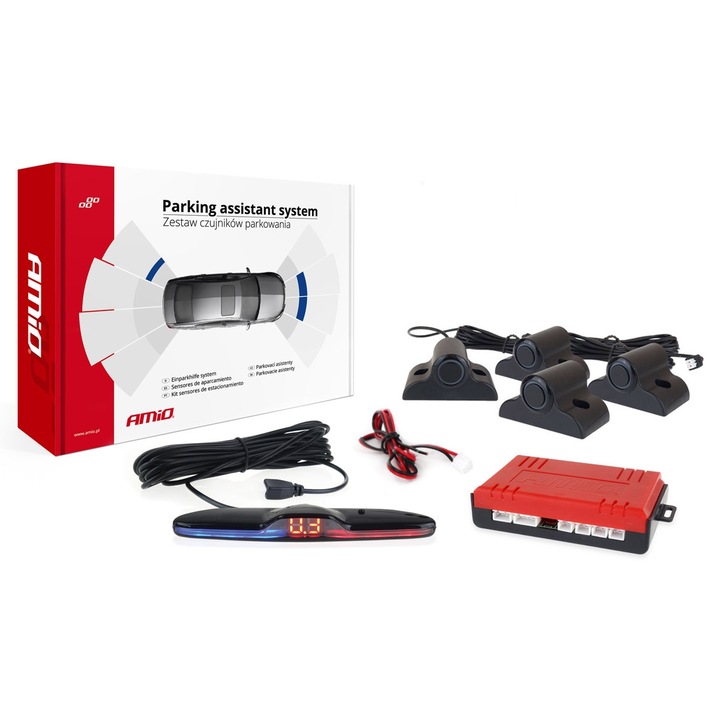 Set senzori de parcare AMIO, 4 senzori negri 19mm, afisaj LED, cablu 5m, dimensiuni 12x1,5x3cm
