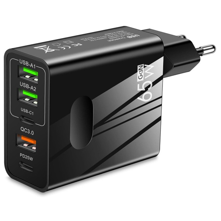 65W зарядно устройство с 5 порта, 2 USB-C и 3 USB-A, бързо зареждане QC 3.0, универсална съвместимост, черно