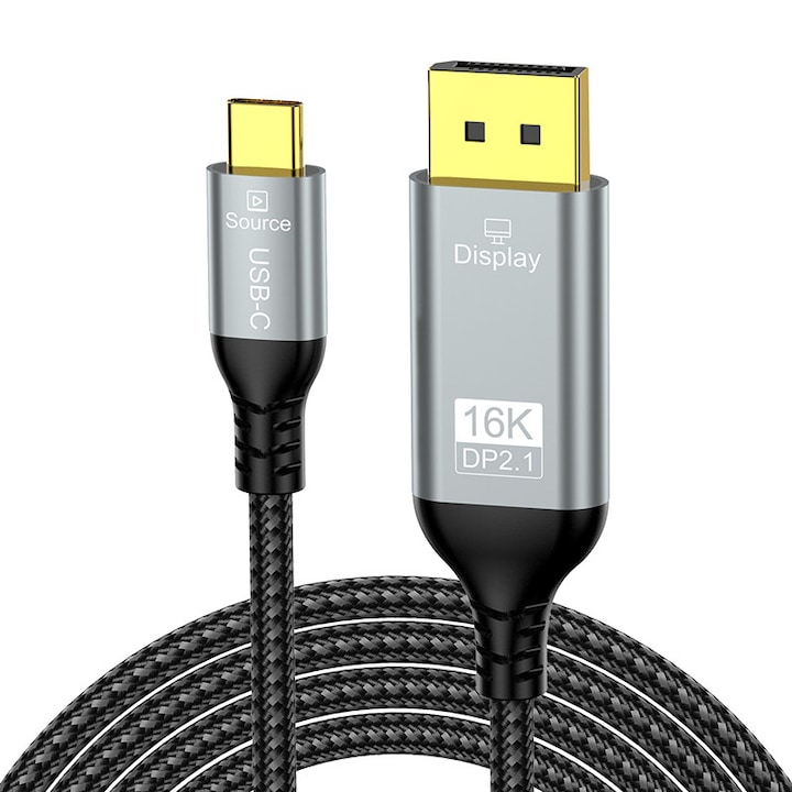 Cablu USB-C - DisplayPort 2.1, Rqiurpn, 16K Unidirectional USB C to DisplayPort, 16K@30Hz/60Hz, 8K@60Hz/120Hz, 4K@120Hz/240Hz, 54Gbps, HDR, HDCP, DSC, lungime 2m, Negru