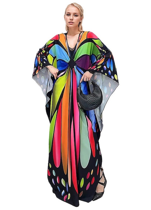 Rochie casual, imprimeu fluture, maneca tip batwing, decolteu in V, lungime pana la podea, marimi 38-42 EU