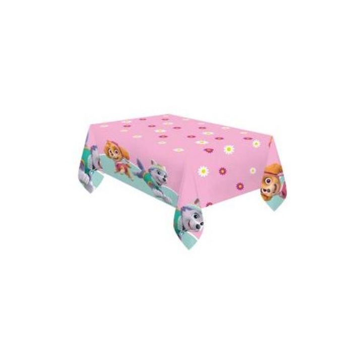 Obrus plastic, Luka, PSI PATROL, roz pastel cu flori, 120x180cm