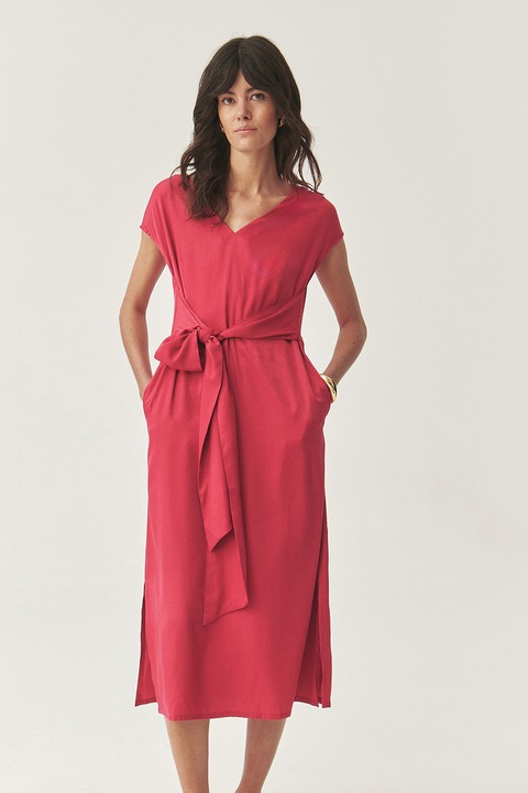 Tatuum, Rochie cu cordon asortat, buzunare laterale si decolteu in V, Rosu