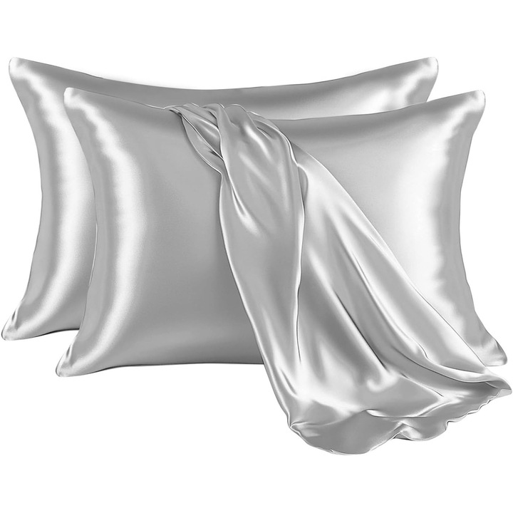 Комплект от 2 сатенени калъфки за възглавници, MDUG, 20" x 26", сребристосиво, защита за коса и кожа