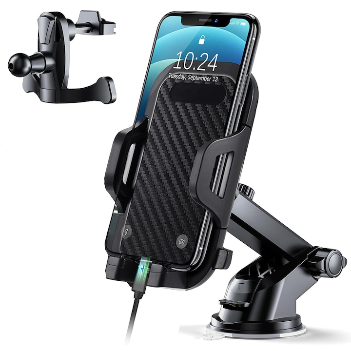 Suport auto 3 in 1, MDUG, ventilatie, parbriz, ventuza puternica, rotire 360°, pentru telefoane 4.0-7.0 inch, negru