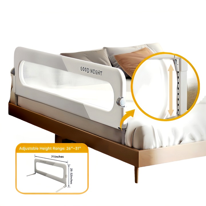 Предпазна преграда за легло, Wacorresi, Предпазна преграда за легло с регулируема височина, предпазен ръб за легло Safe Guard, сгъваема, сиво/бяло, 180X70см